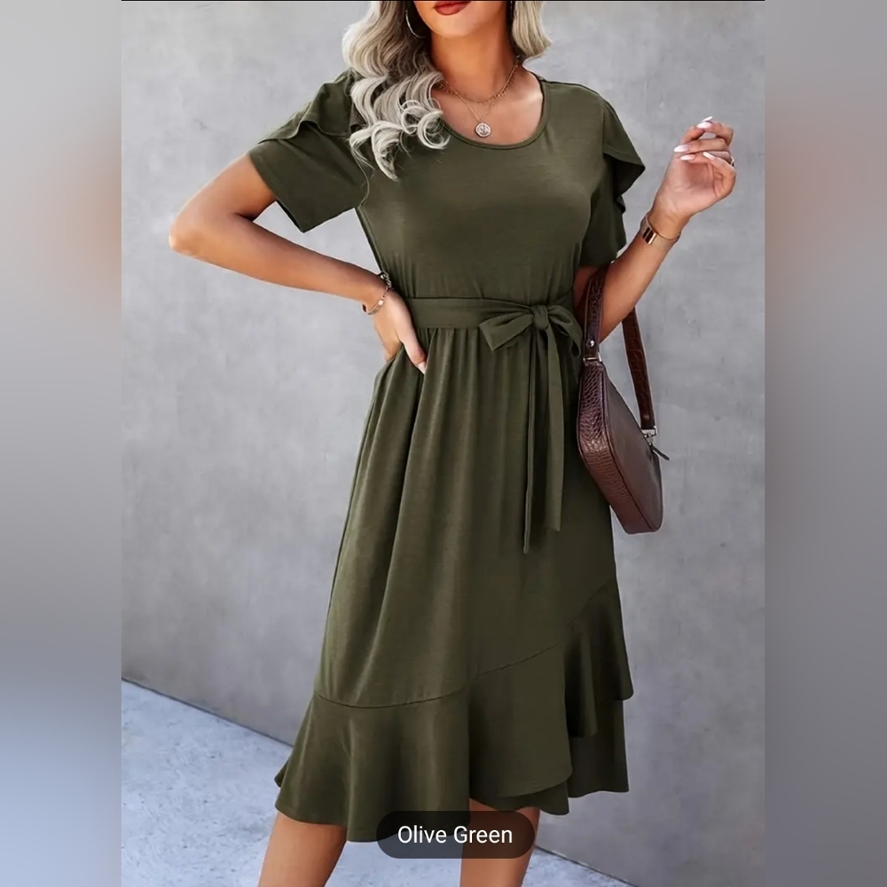 Ruffle Hem Wrap Belted Dress